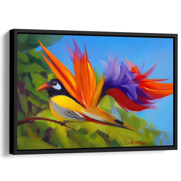 Flight of Spectrum Feathers: Vibrant Bird in Flight Canvas Art Print