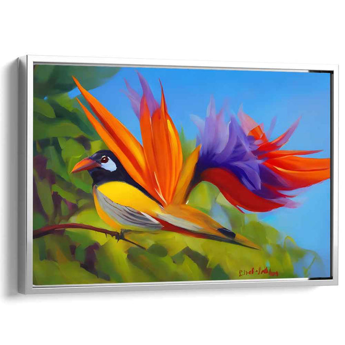 Flight of Spectrum Feathers: Vibrant Bird in Flight Canvas Art Print