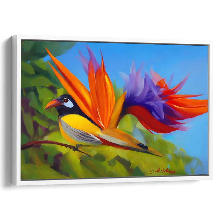 Flight of Spectrum Feathers: Vibrant Bird in Flight Canvas Art Print