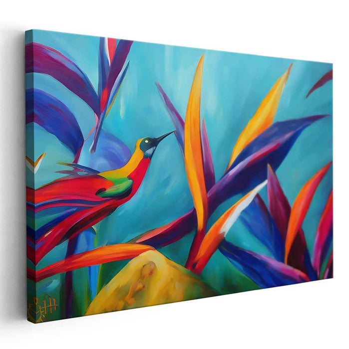 Fluttering Flora Mirage: Vibrant Hummingbird and Foliage Canvas Art Print
