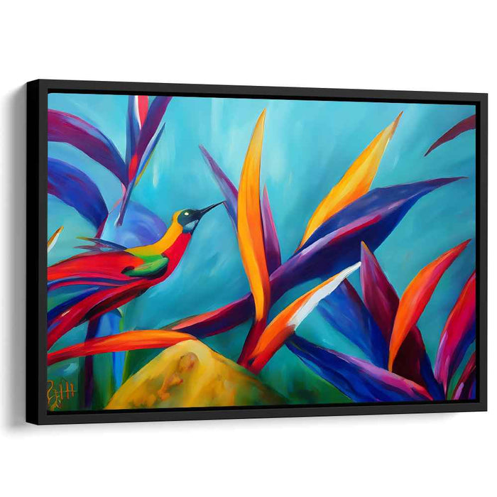 Fluttering Flora Mirage: Vibrant Hummingbird and Foliage Canvas Art Print