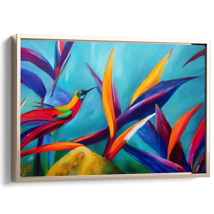Fluttering Flora Mirage: Vibrant Hummingbird and Foliage Canvas Art Print
