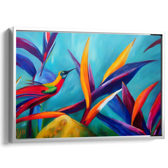 Fluttering Flora Mirage: Vibrant Hummingbird and Foliage Canvas Art Print