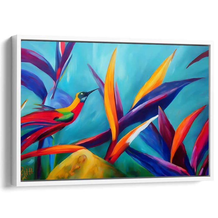 Fluttering Flora Mirage: Vibrant Hummingbird and Foliage Canvas Art Print