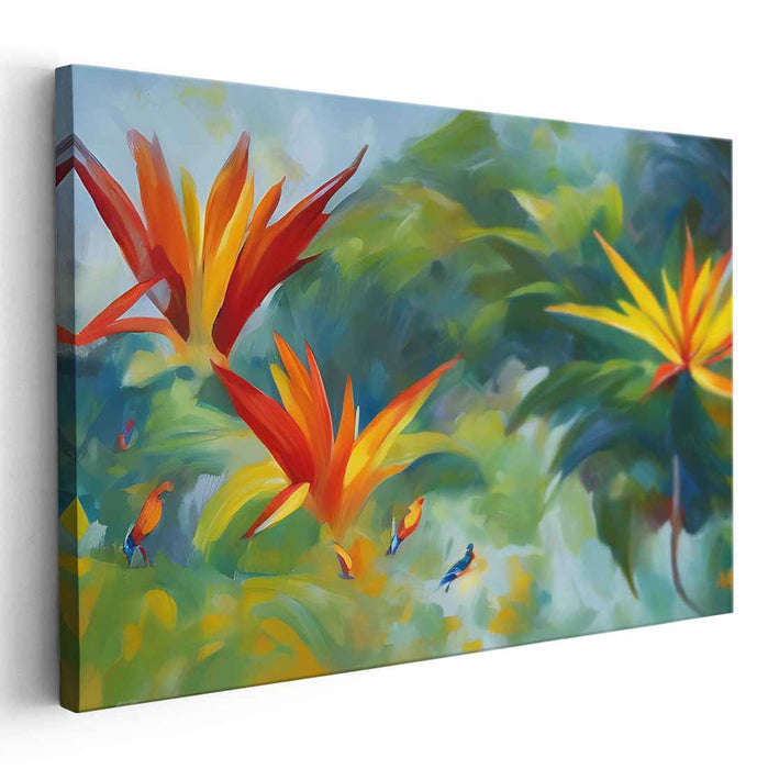 Dancing Petals Symphony: Lively Bird and Flower Canvas Art