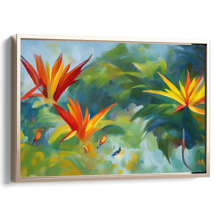Dancing Petals Symphony: Lively Bird and Flower Canvas Art