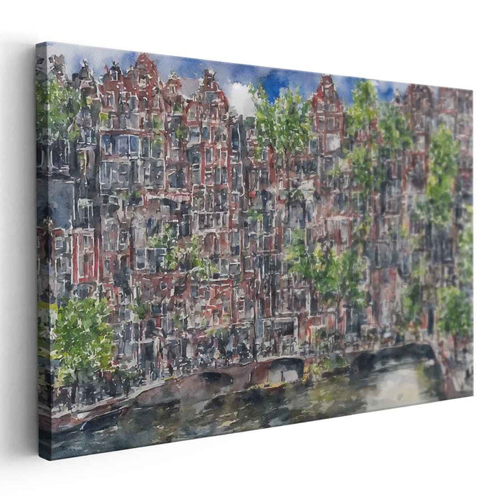 Lost Canals Journey Reflections: Amsterdam's Historic Waterways Watercolor Panorama