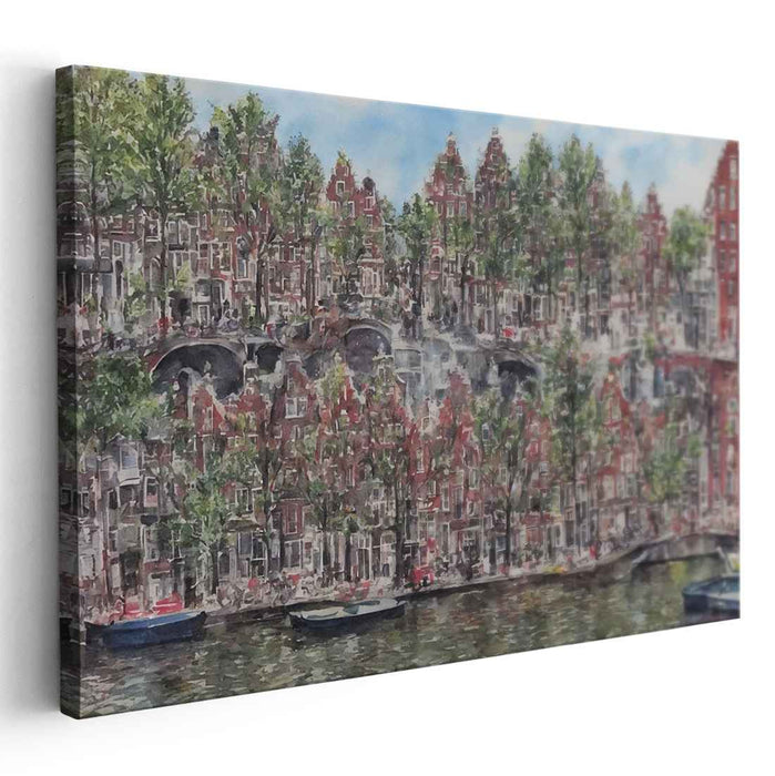 Cobbled Waterways: Amsterdam Canal Scene Canvas Art Print