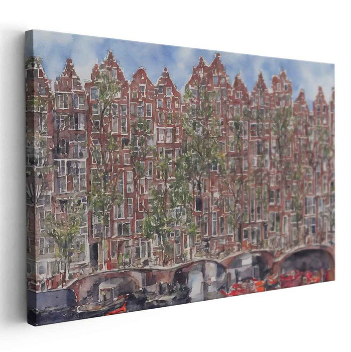 Charming Canal Reflections: Watercolor Cityscape of Historic European Architecture