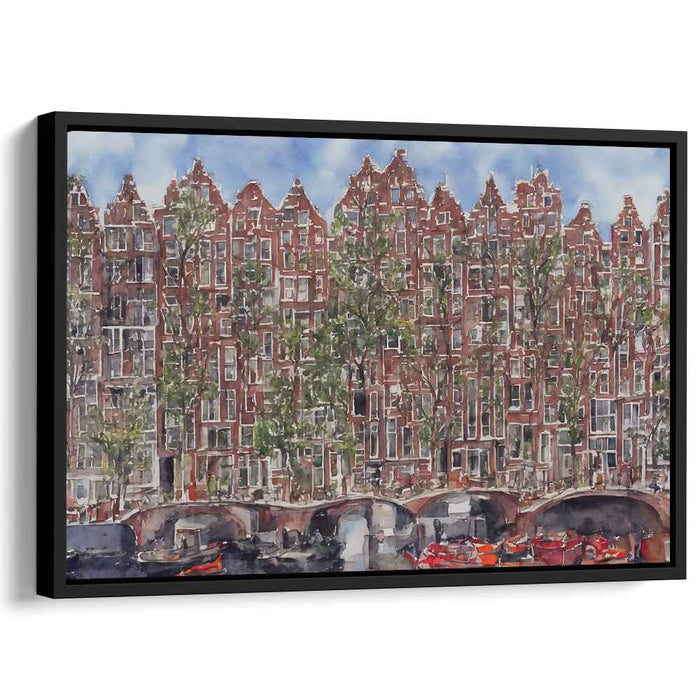 Charming Canal Reflections: Watercolor Cityscape of Historic European Architecture