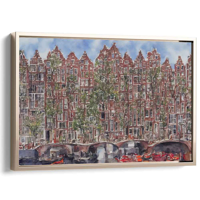 Charming Canal Reflections: Watercolor Cityscape of Historic European Architecture