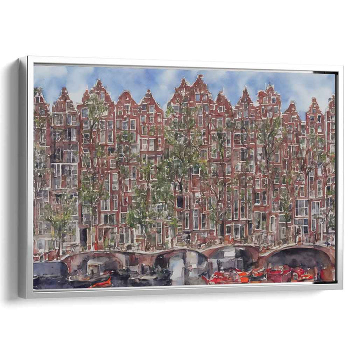 Charming Canal Reflections: Watercolor Cityscape of Historic European Architecture