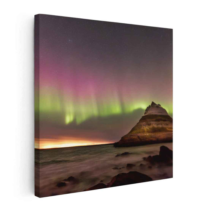 Aurora's Edge on Coastal Horizon: Northern Lights Over Seaside Cliff Canvas Art