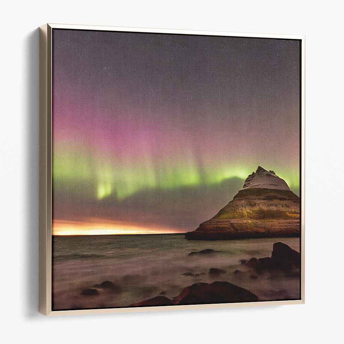 Aurora's Edge on Coastal Horizon: Northern Lights Over Seaside Cliff Canvas Art