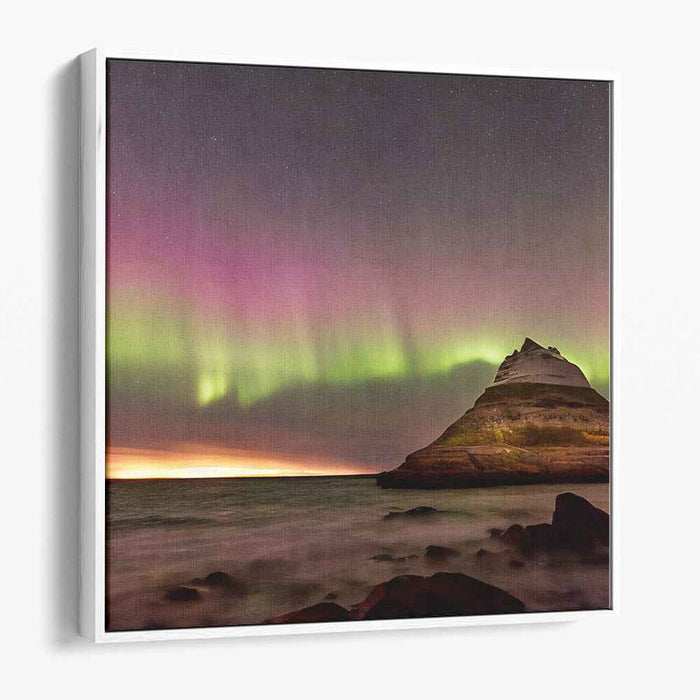 Aurora's Edge on Coastal Horizon: Northern Lights Over Seaside Cliff Canvas Art