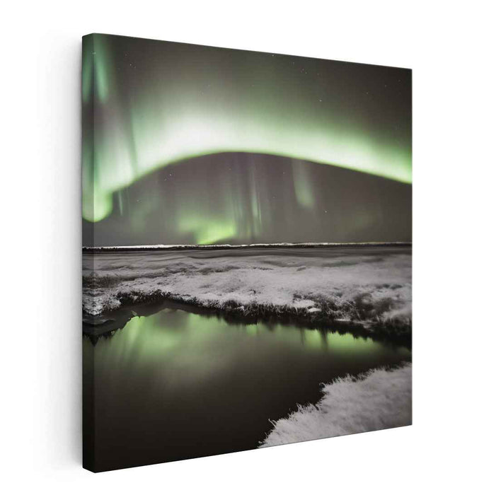 Frosty Aurora Tale: Northern Lights Over Snowy Landscape Canvas Art Print