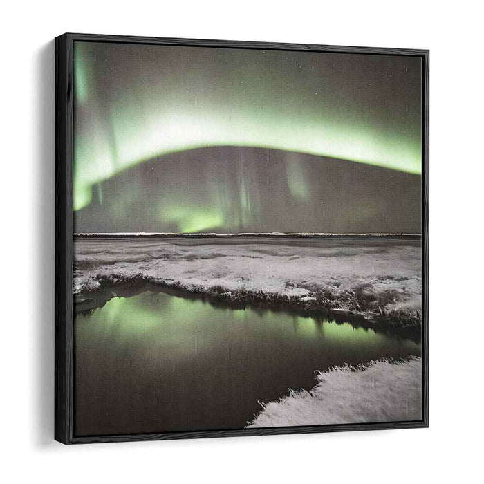 Frosty Aurora Tale: Northern Lights Over Snowy Landscape Canvas Art Print