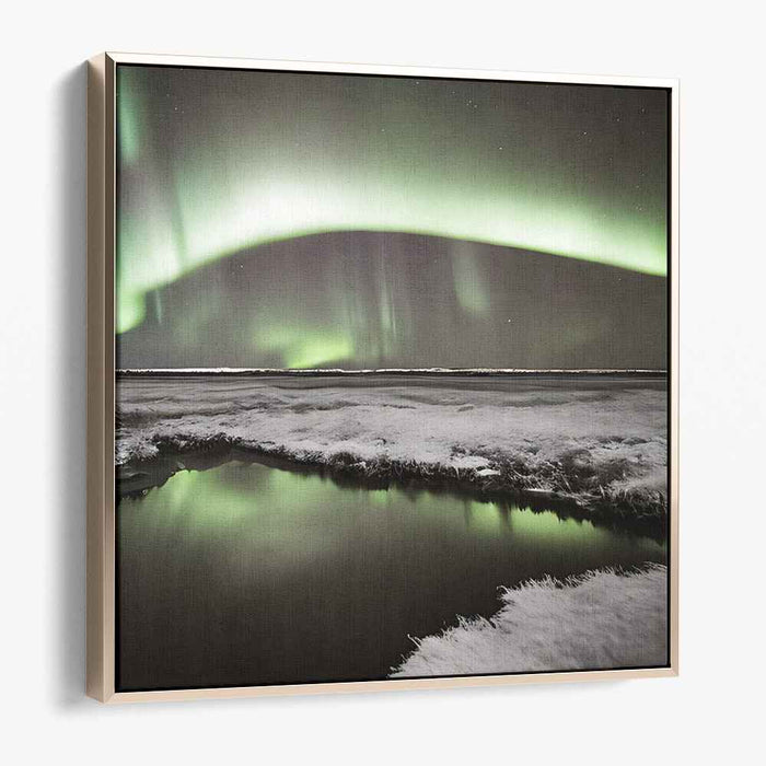 Frosty Aurora Tale: Northern Lights Over Snowy Landscape Canvas Art Print