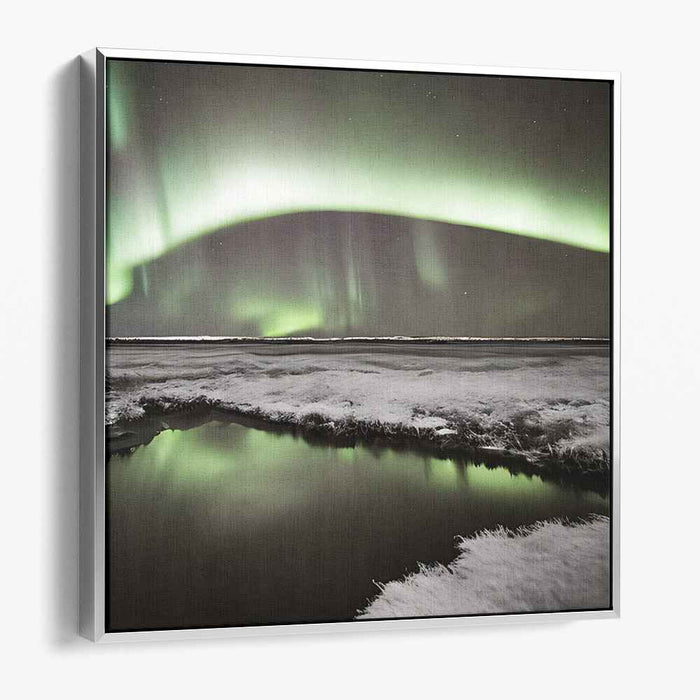 Frosty Aurora Tale: Northern Lights Over Snowy Landscape Canvas Art Print