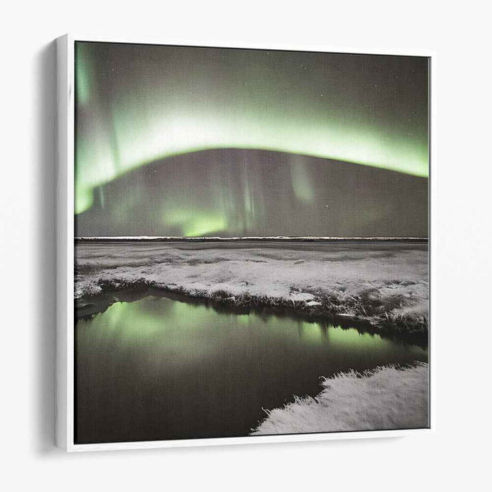 Frosty Aurora Tale: Northern Lights Over Snowy Landscape Canvas Art Print