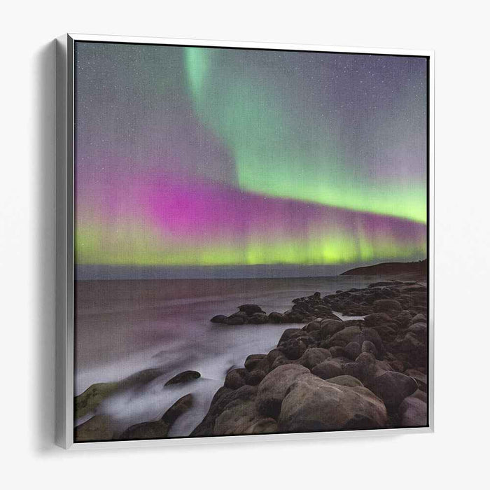 Ethereal Night: Northern Lights Over Coastal Landscape Canvas Art Print