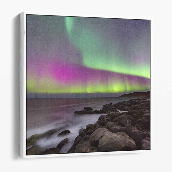 Ethereal Night: Northern Lights Over Coastal Landscape Canvas Art Print