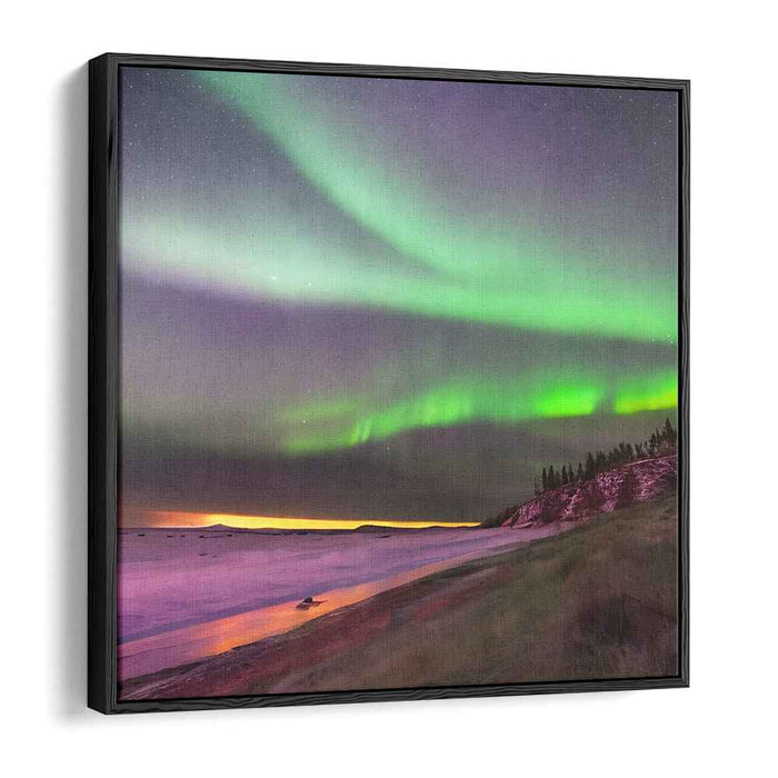 Enchanted Frosty Lightscape: Captivating Aurora Borealis Over Snowy Landscape Canvas Art