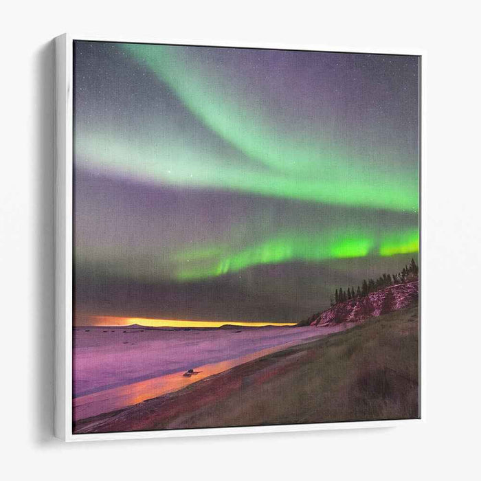 Enchanted Frosty Lightscape: Captivating Aurora Borealis Over Snowy Landscape Canvas Art