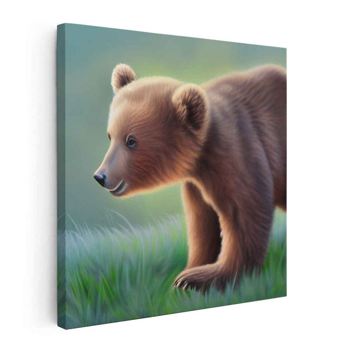 Curious Cub: Realistic Bear Cub in Serene Forest Canvas Art Print