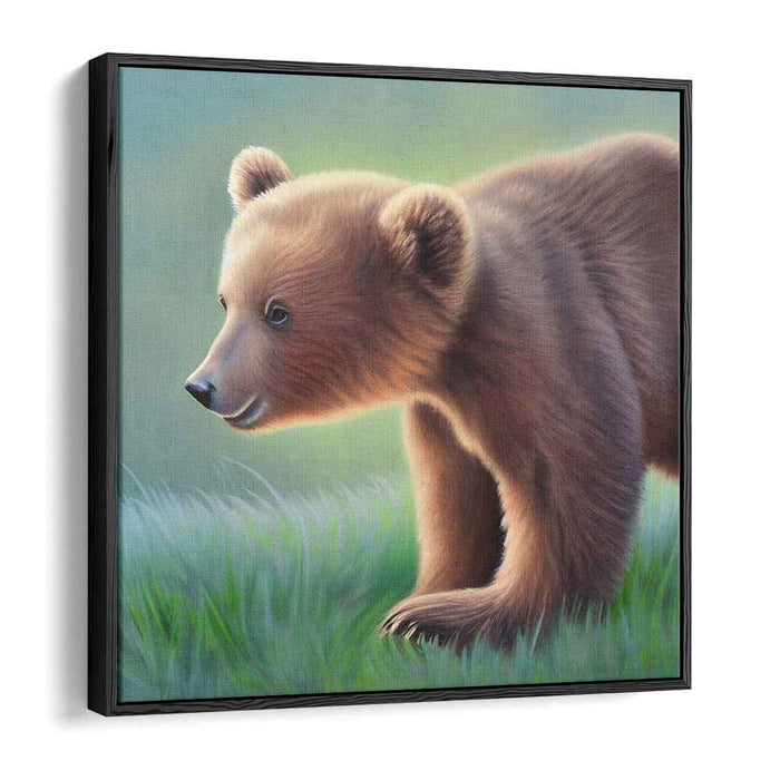 Curious Cub: Realistic Bear Cub in Serene Forest Canvas Art Print