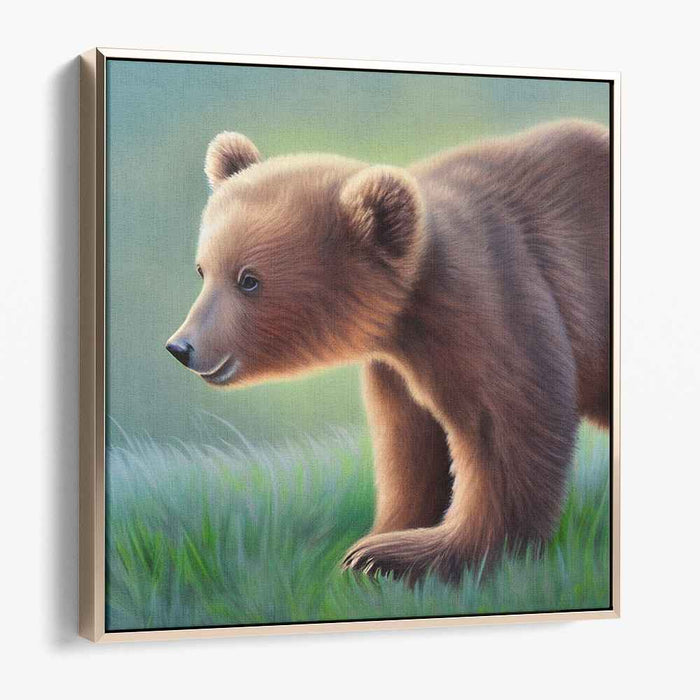 Curious Cub: Realistic Bear Cub in Serene Forest Canvas Art Print