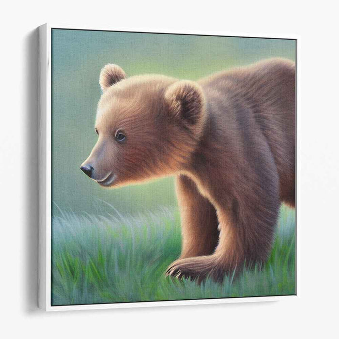 Curious Cub: Realistic Bear Cub in Serene Forest Canvas Art Print