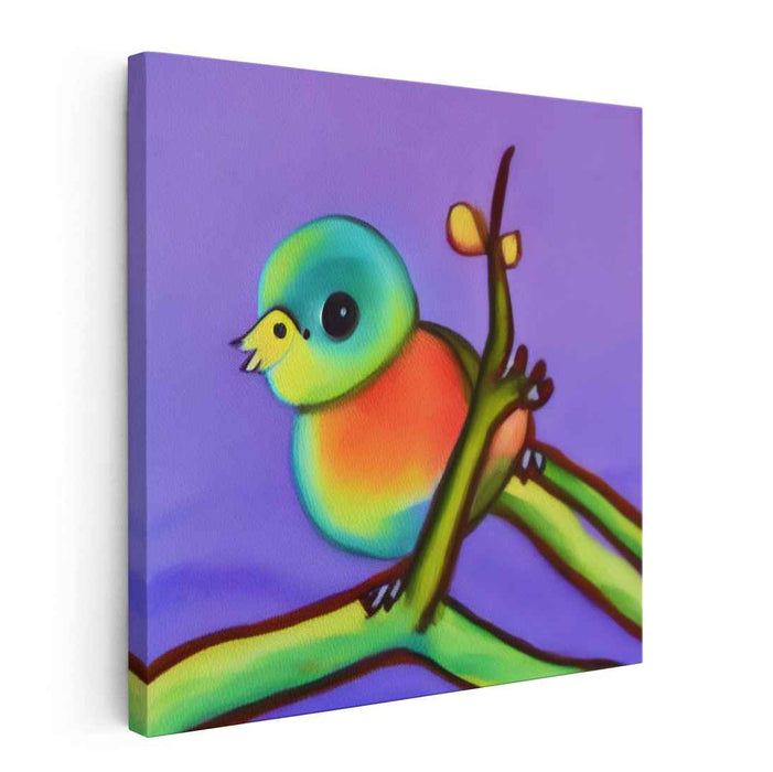 Whimsical Perch: Colorful Bird on Branch Canvas Art Print