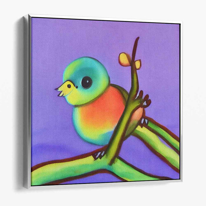 Whimsical Perch: Colorful Bird on Branch Canvas Art Print