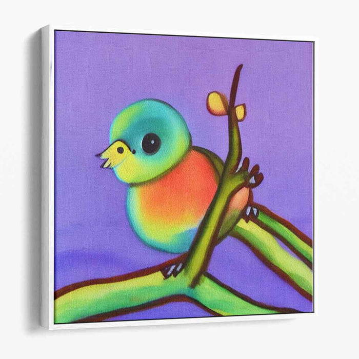 Whimsical Perch: Colorful Bird on Branch Canvas Art Print