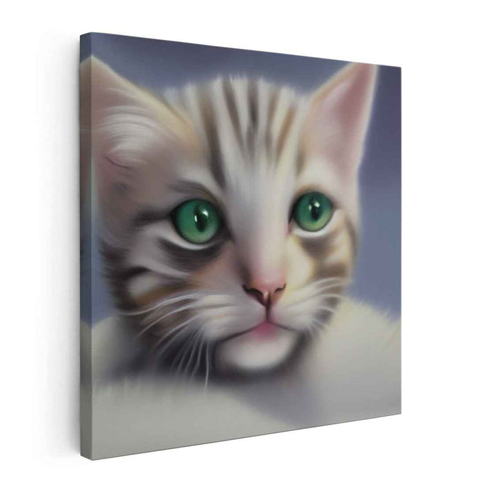 Charming Green-Eyed Kitten: Realistic Feline Portrait Canvas Art Print