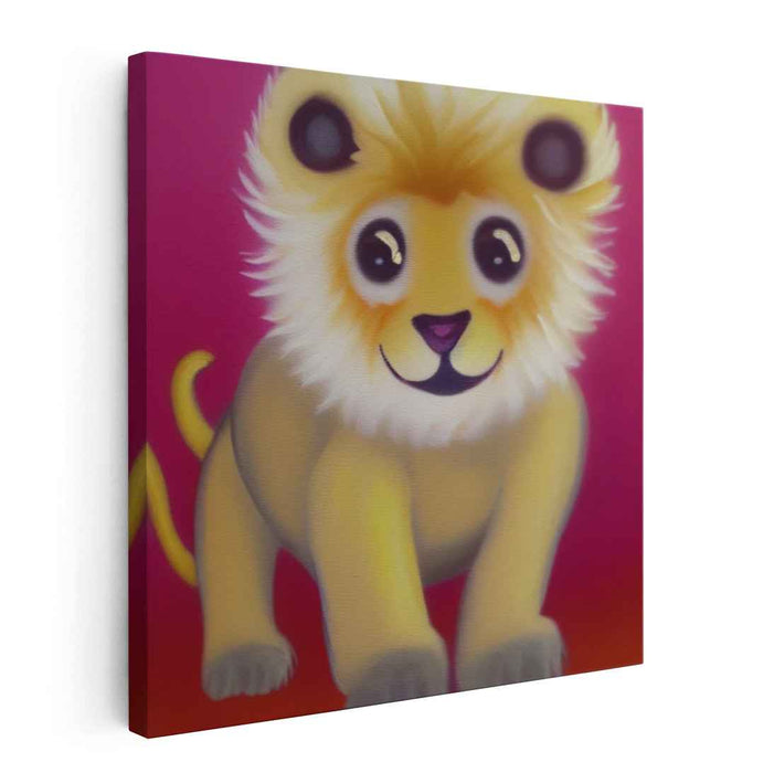 Cuddly King of the Jungle: Charming Lion Cub in Vibrant Magenta Canvas Art