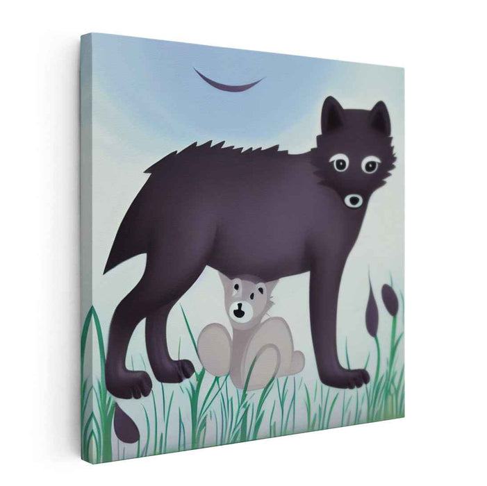 Protective Embrace: Whimsical Wolf and Cub Canvas Art Print