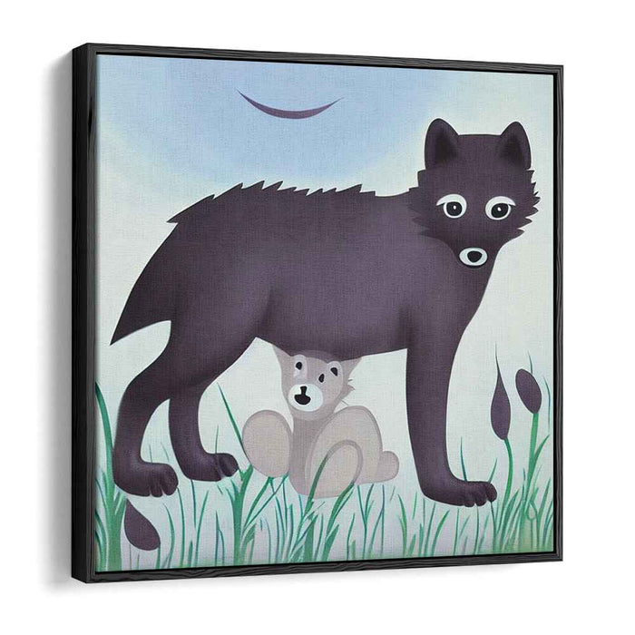 Protective Embrace: Whimsical Wolf and Cub Canvas Art Print