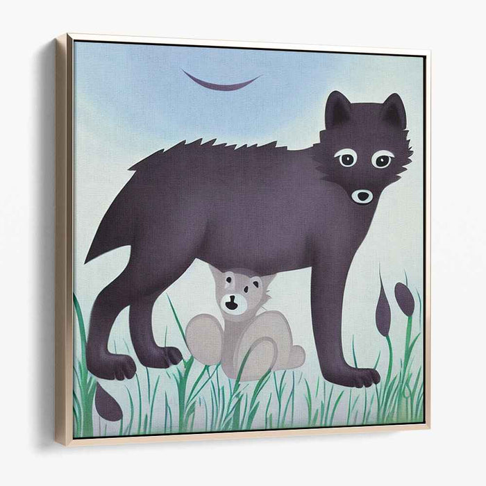 Protective Embrace: Whimsical Wolf and Cub Canvas Art Print