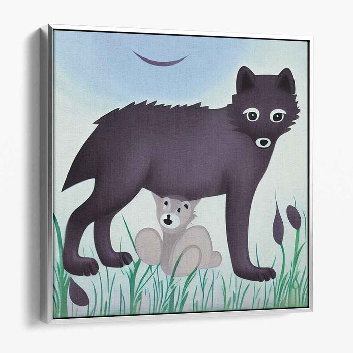 Protective Embrace: Whimsical Wolf and Cub Canvas Art Print