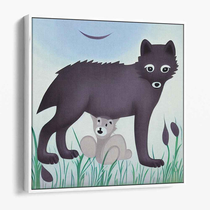 Protective Embrace: Whimsical Wolf and Cub Canvas Art Print