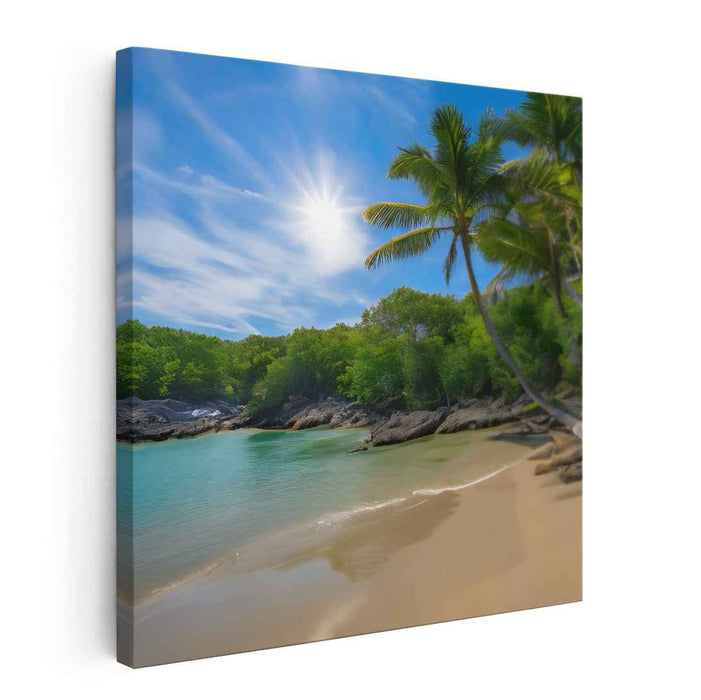 Serene Seashore: Realistic Tropical Beach and Palm Trees Canvas Art