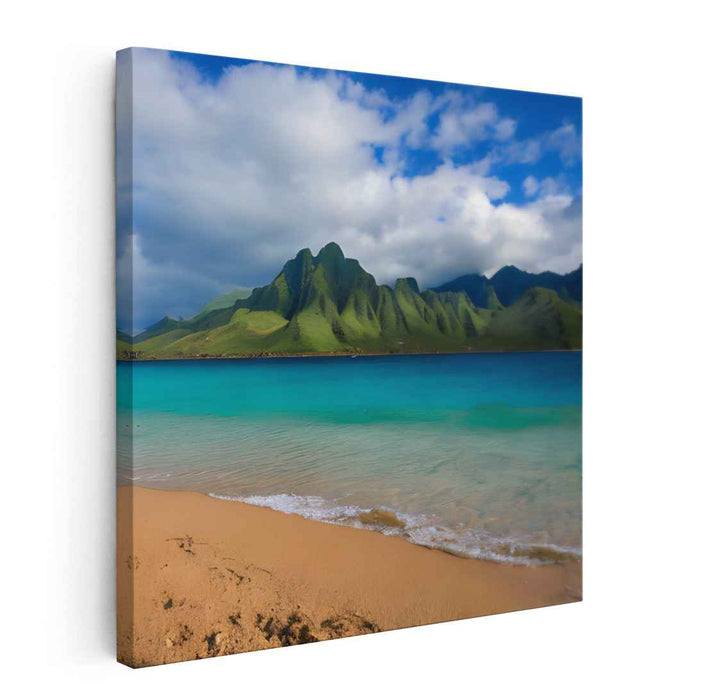 Verdant Peaks Brushwork Horizon: Lush Green Mountain and Azure Sea Landscape Canvas Art