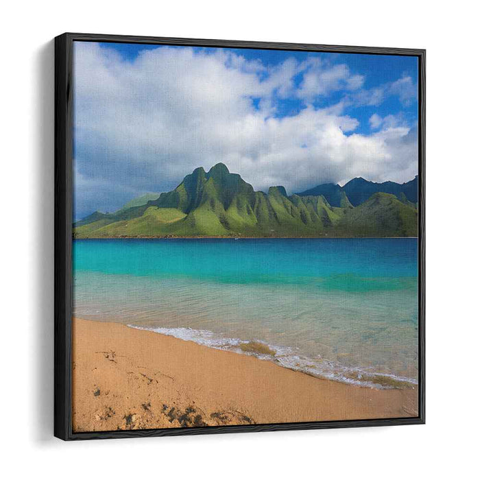 Verdant Peaks Brushwork Horizon: Lush Green Mountain and Azure Sea Landscape Canvas Art