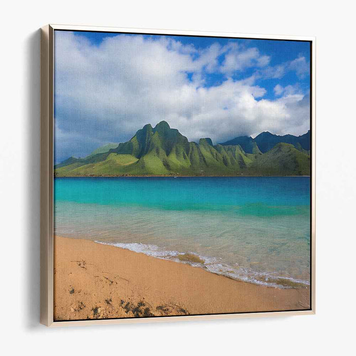 Verdant Peaks Brushwork Horizon: Lush Green Mountain and Azure Sea Landscape Canvas Art