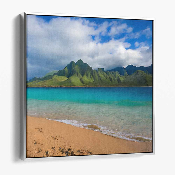Verdant Peaks Brushwork Horizon: Lush Green Mountain and Azure Sea Landscape Canvas Art