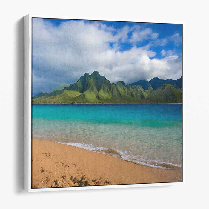 Verdant Peaks Brushwork Horizon: Lush Green Mountain and Azure Sea Landscape Canvas Art