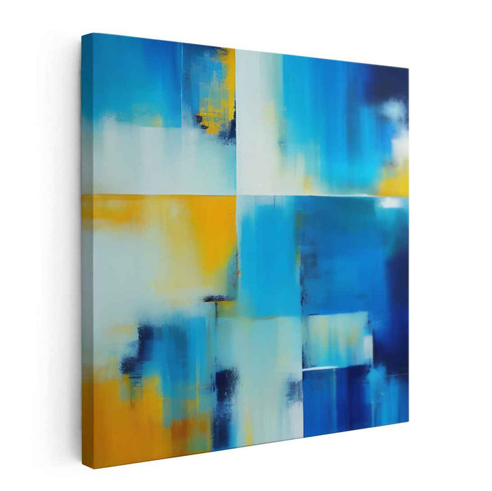 Azure and Gold Modernist Grid: Abstract Expressionist Canvas Art