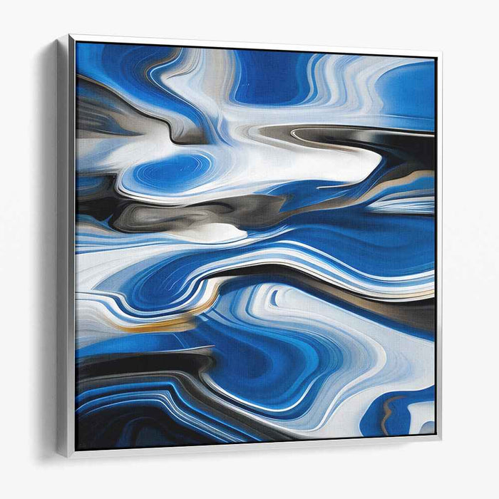 Whispering Waves in Moonlight: Blue and White Abstract Swirl Canvas Art Print